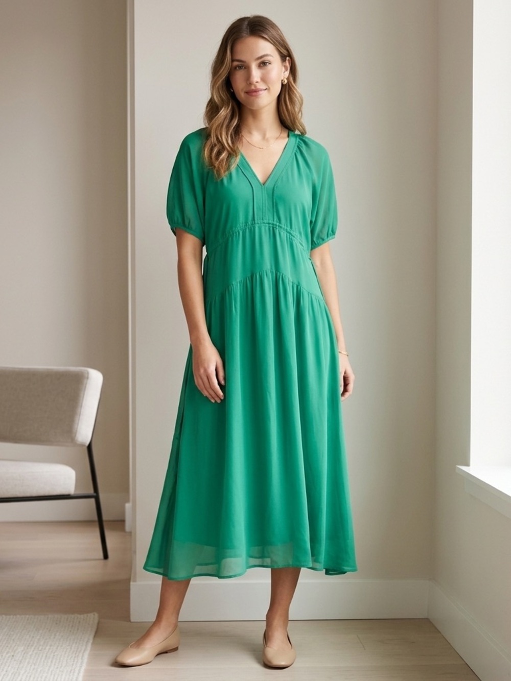 Madewell Emerald Green V-Neck Midi Dress